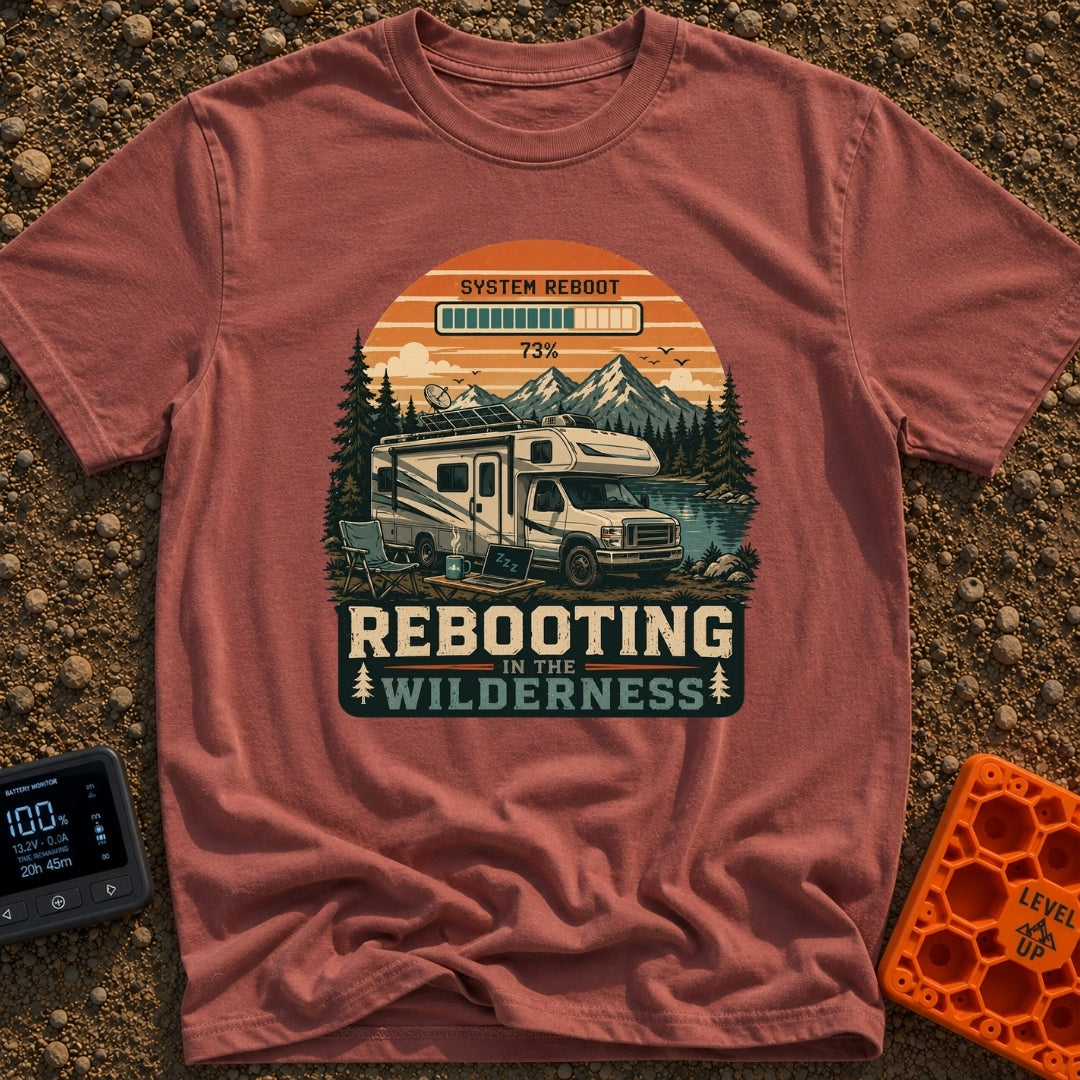 Ctrl Alt Retreat - T-Shirt in Brick - An illustration of an RV parked by a mountain lake with solar panels and a...