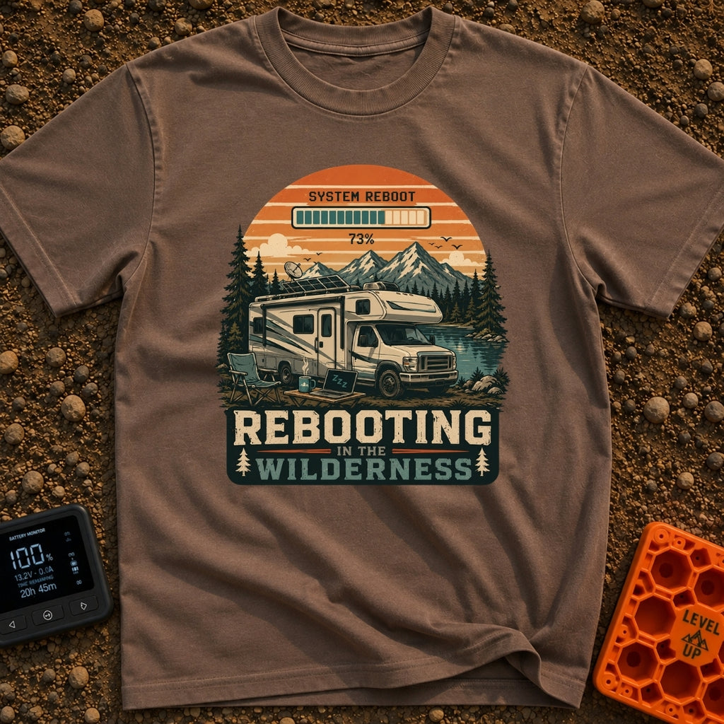 Ctrl Alt Retreat - T-Shirt in Espresso - An illustration of an RV parked by a mountain lake with solar panels and a...