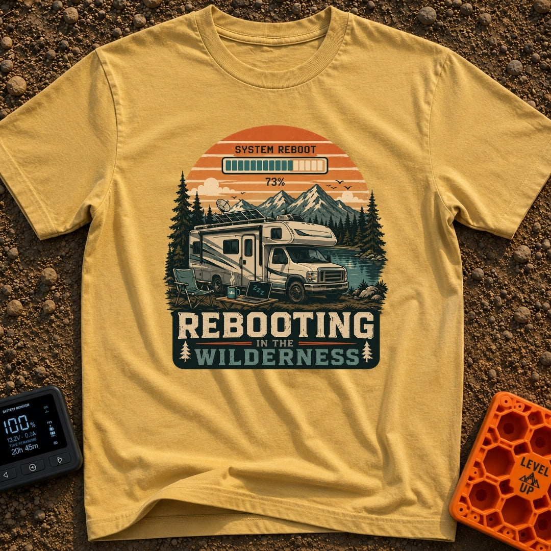 Ctrl Alt Retreat - T-Shirt in Mustard - An illustration of an RV parked by a mountain lake with solar panels and a...