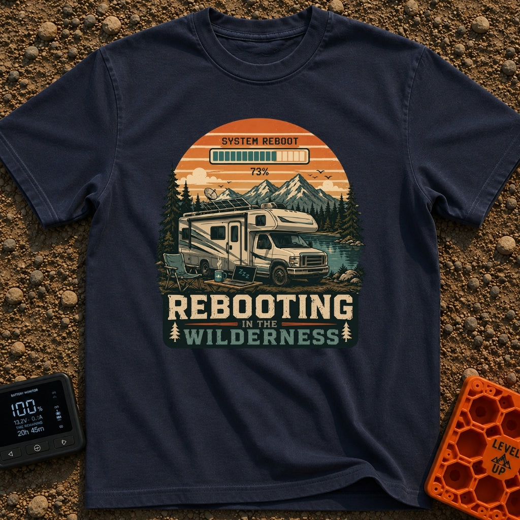 Ctrl Alt Retreat - T-Shirt in Navy - An illustration of an RV parked by a mountain lake with solar panels and a satellite...