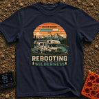 Ctrl Alt Retreat - T-Shirt in Navy - An illustration of an RV parked by a mountain lake with solar panels and a satellite...