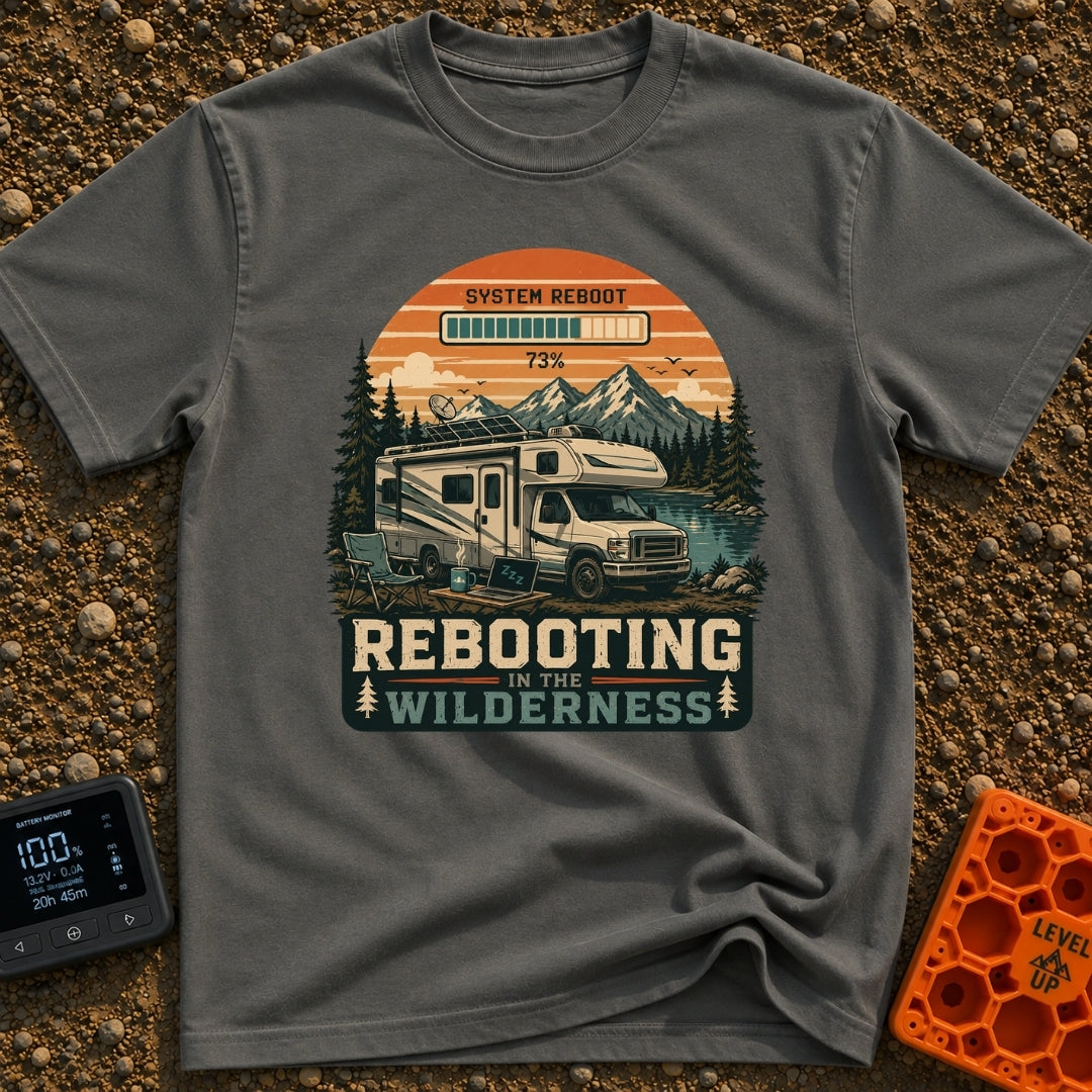 Ctrl Alt Retreat - T-Shirt in Pepper - An illustration of an RV parked by a mountain lake with solar panels and a...