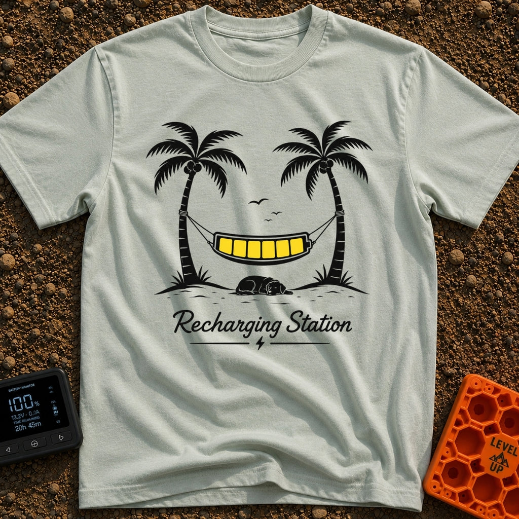 Unplug To Recharge - T-Shirt in Bay - A black and white illustration of two palm trees with a hammock strung between...