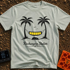 Unplug To Recharge - T-Shirt in Bay - A black and white illustration of two palm trees with a hammock strung between...