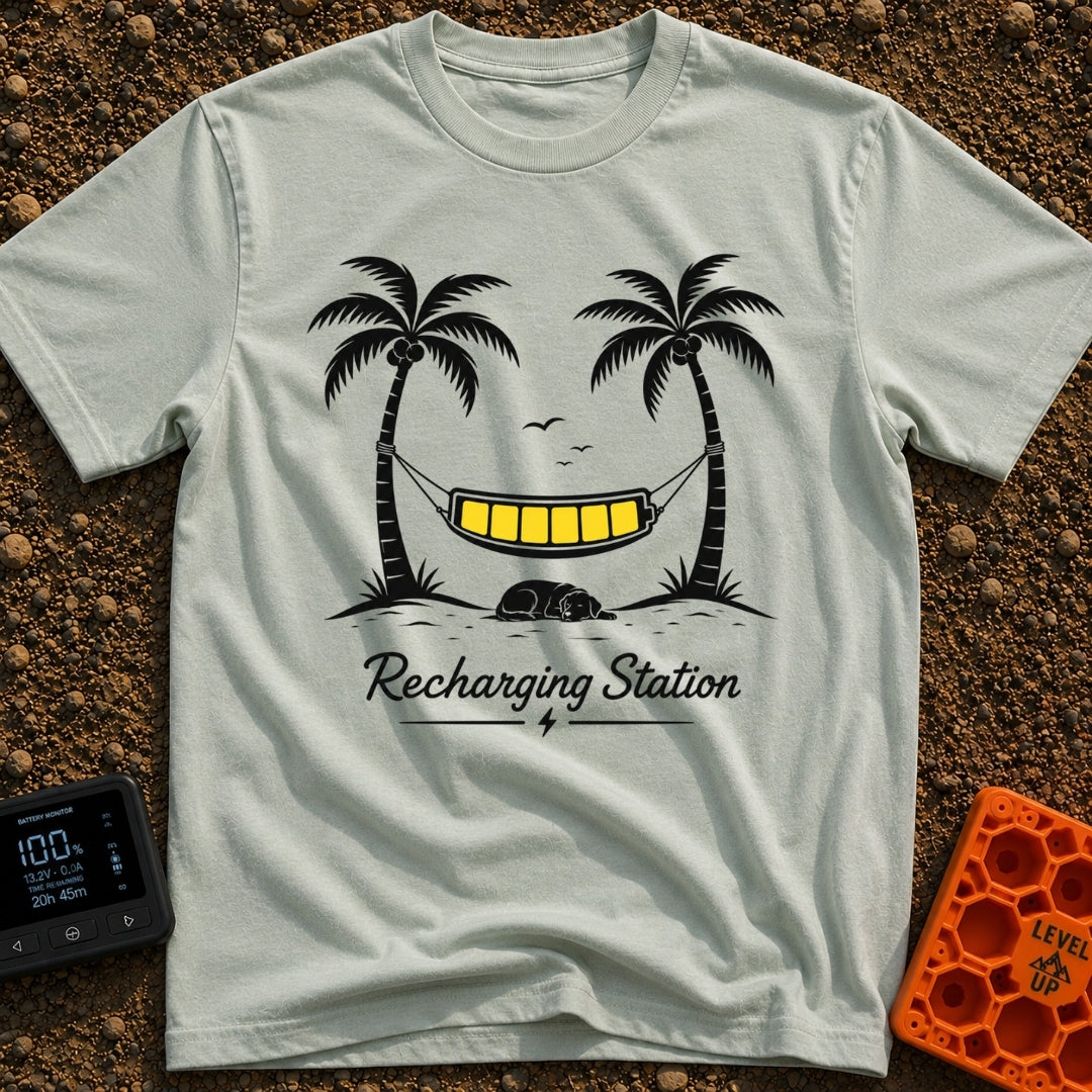 Unplug To Recharge - T-Shirt in Bay - A black and white illustration of two palm trees with a hammock strung between...