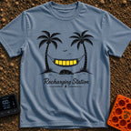 Unplug To Recharge - T-Shirt in Blue Jean - A black and white illustration of two palm trees with a hammock strung...