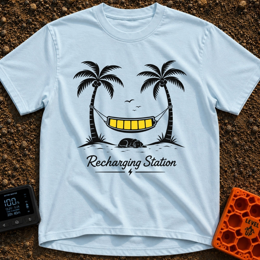 Unplug To Recharge - T-Shirt in Chambray - A black and white illustration of two palm trees with a hammock strung between...