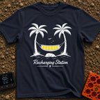 Unplug To Recharge - T-Shirt in Navy - A black and white illustration of two palm trees with a hammock strung between...