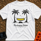 Unplug To Recharge - T-Shirt in White - A black and white illustration of two palm trees with a hammock strung between...