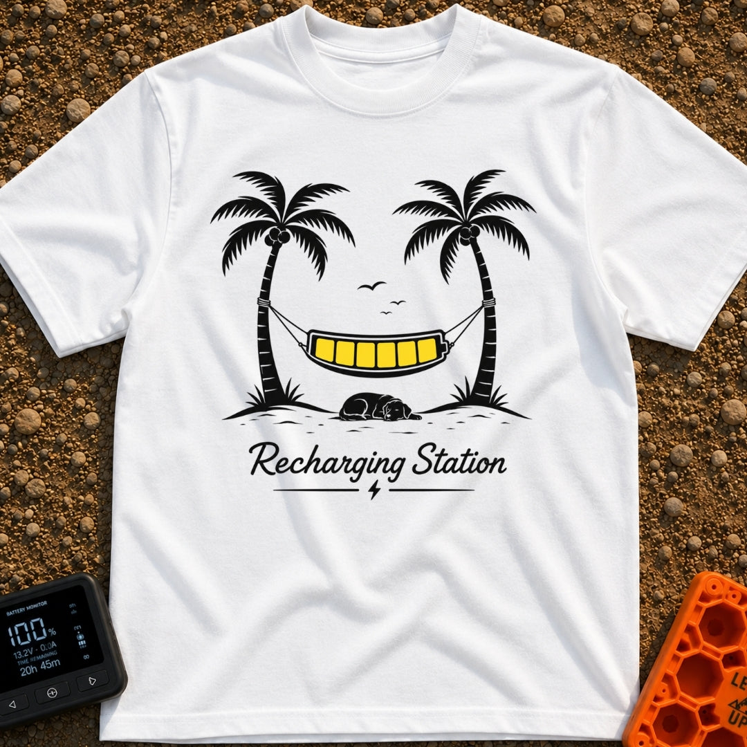 Unplug To Recharge - T-Shirt in White - A black and white illustration of two palm trees with a hammock strung between...