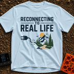 Logging Into Life - T-Shirt in Chambray - The design displays the text "RECONNECTING TO REAL LIFE" above an illustration...