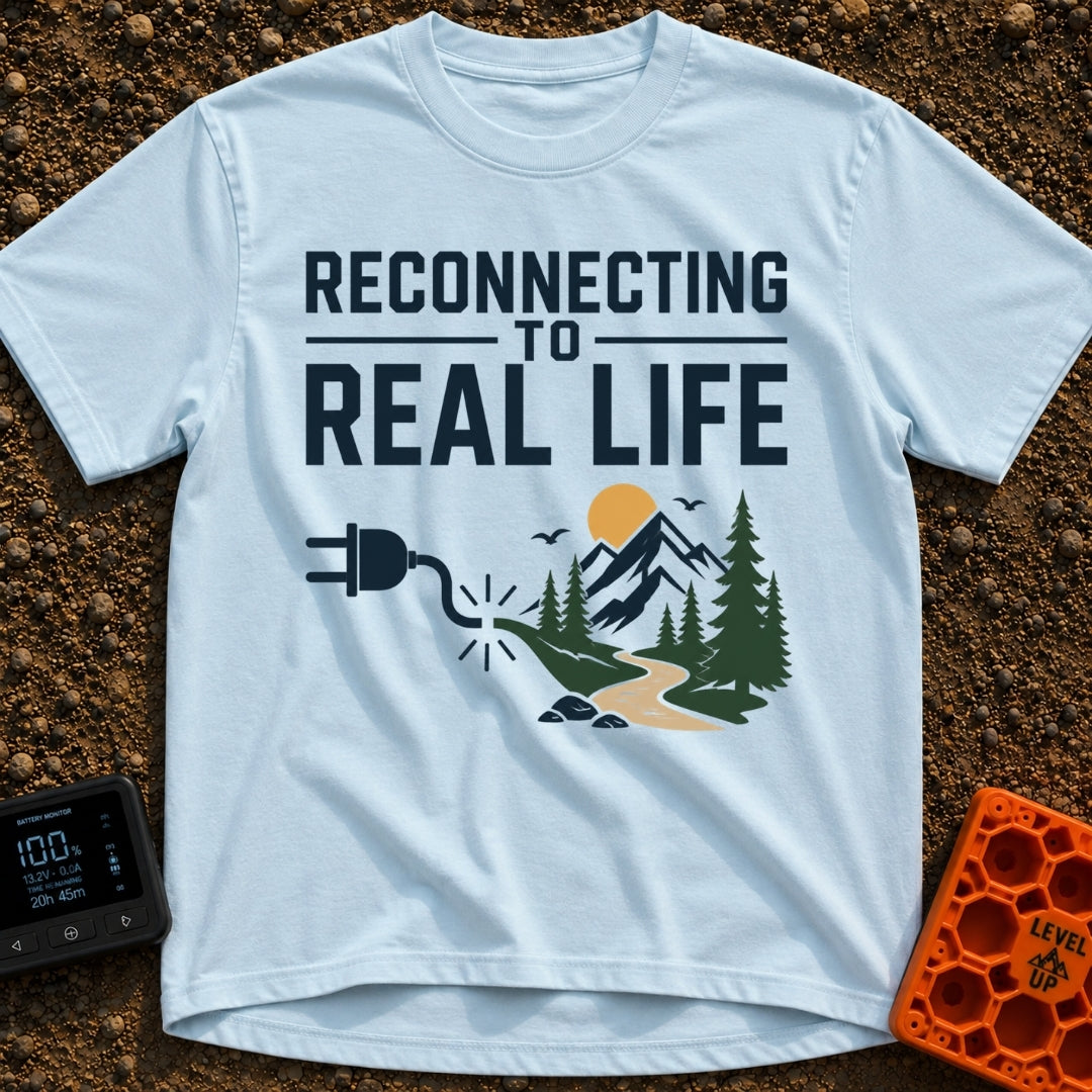 Logging Into Life - T-Shirt in Chambray - The design displays the text "RECONNECTING TO REAL LIFE" above an illustration...