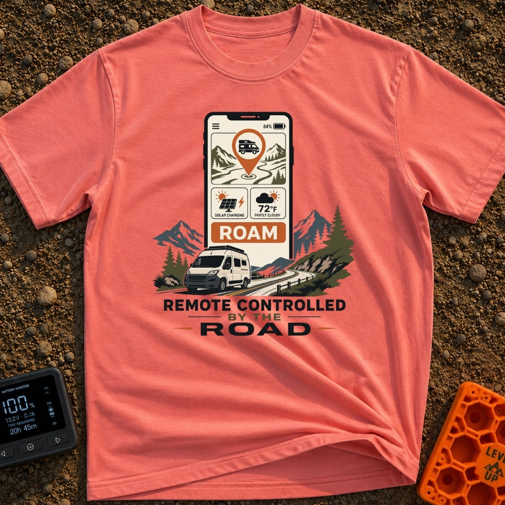 Remote Control Roamer - T-Shirt in Watermelon - A large smartphone displays an app with a camper van map pin, a solar...