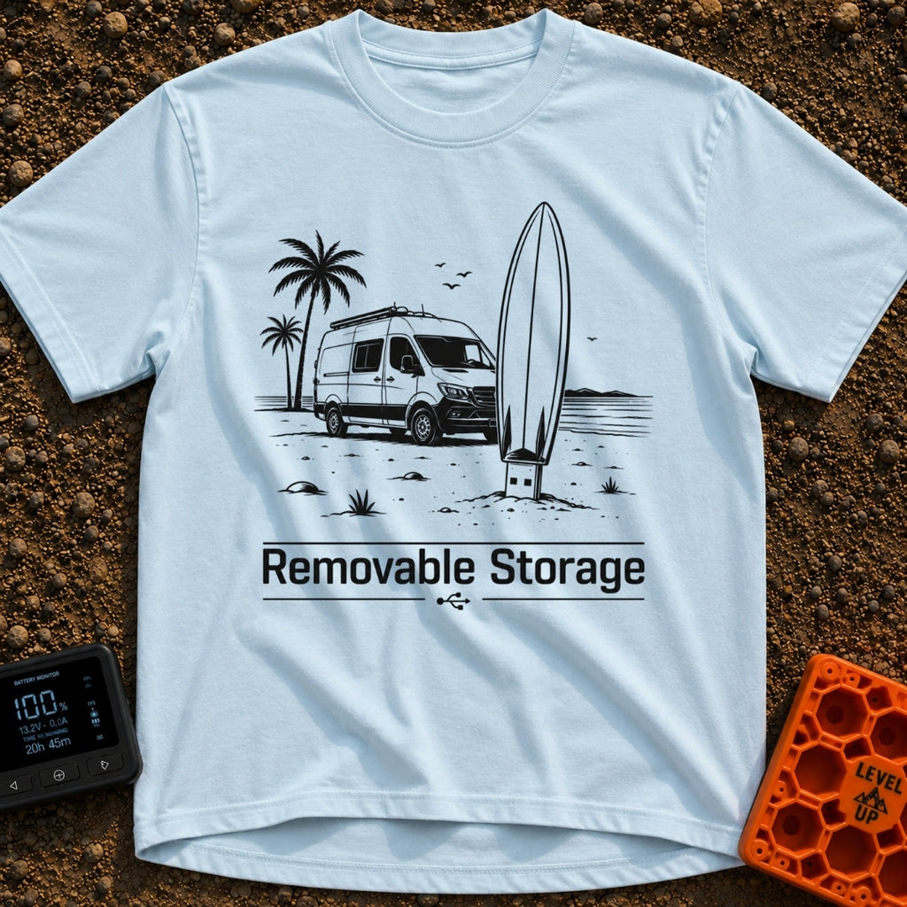 External Surf Drive - T-Shirt in Chambray - A black and white illustration of a camper van parked on a beach with palm...