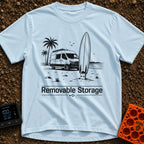 External Surf Drive - T-Shirt in Chambray - A black and white illustration of a camper van parked on a beach with palm...