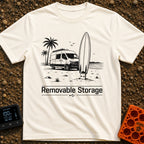 External Surf Drive - T-Shirt in Ivory - A black and white illustration of a camper van parked on a beach with palm trees...