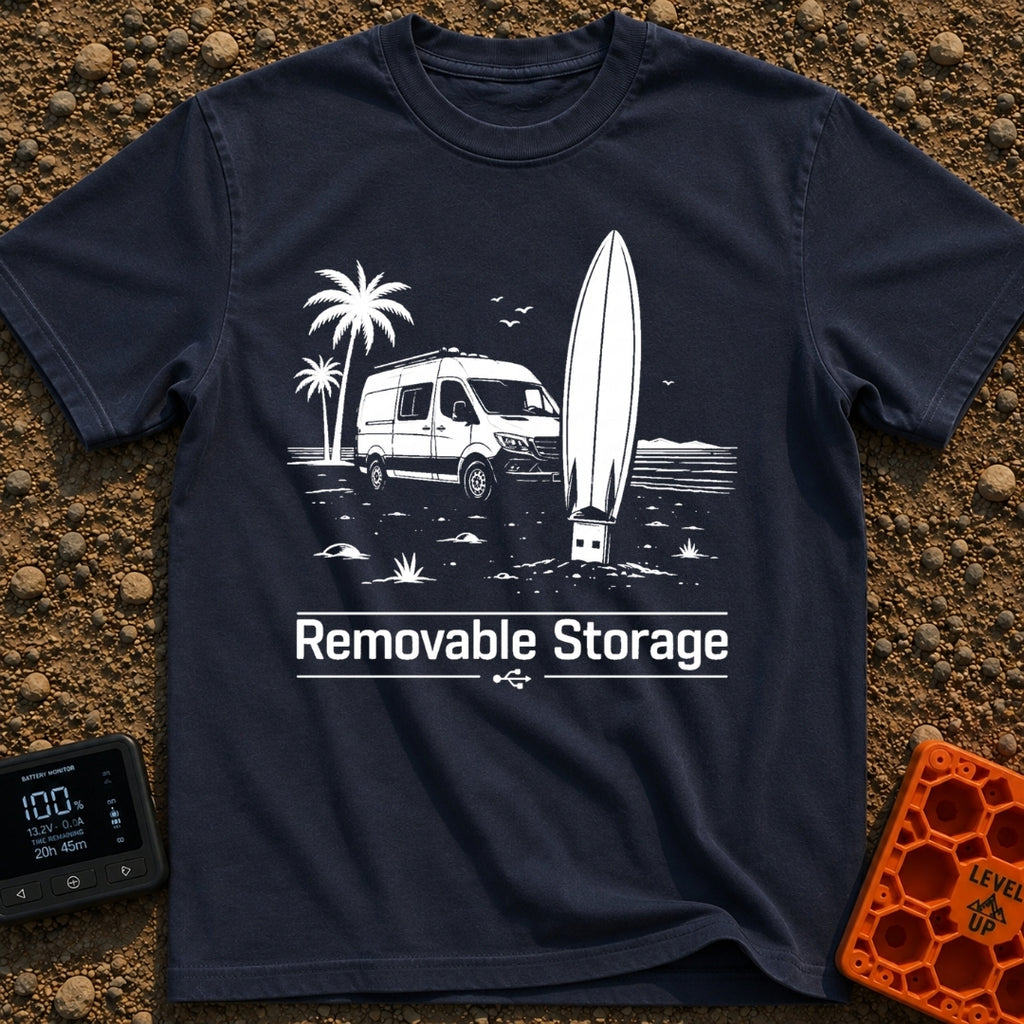 External Surf Drive - T-Shirt in Navy - A black and white illustration of a camper van parked on a beach with palm trees...