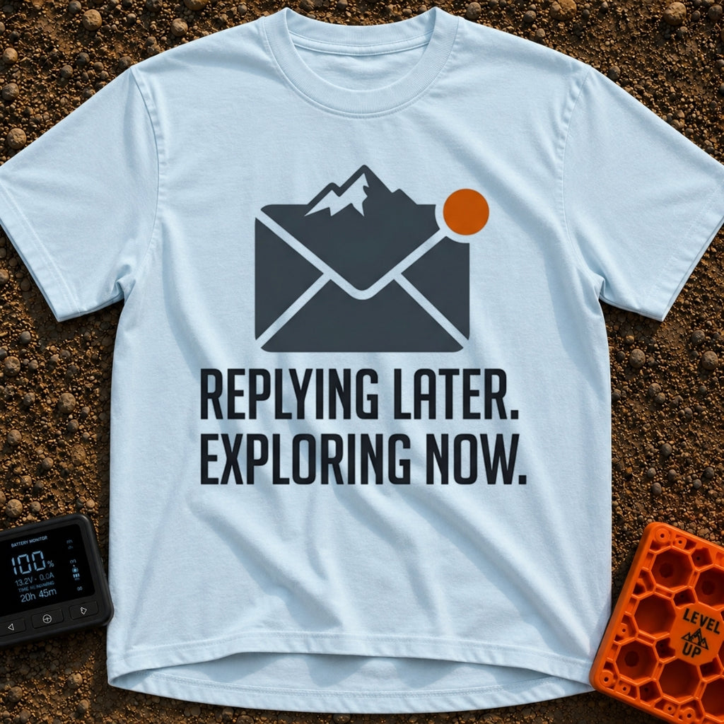 Reply Later Explore Now - T-Shirt in Chambray - A graphic of a dark grey email envelope where the top flap is shaped like...