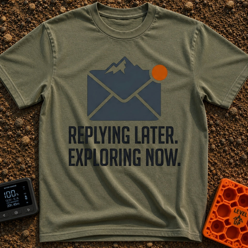 Reply Later Explore Now - T-Shirt in Moss - A graphic of a dark grey email envelope where the top flap is shaped like a...
