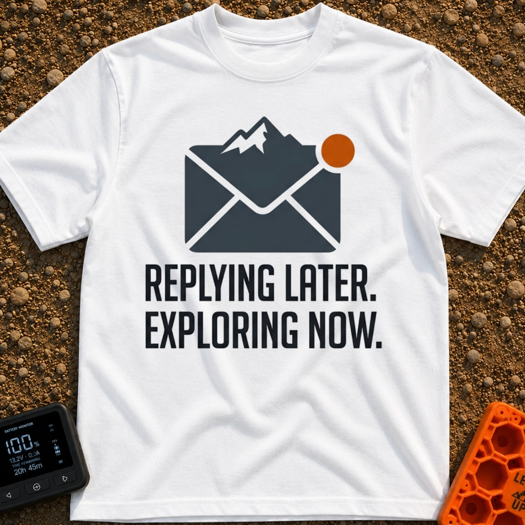 Reply Later Explore Now - T-Shirt in White - A graphic of a dark grey email envelope where the top flap is shaped like a...