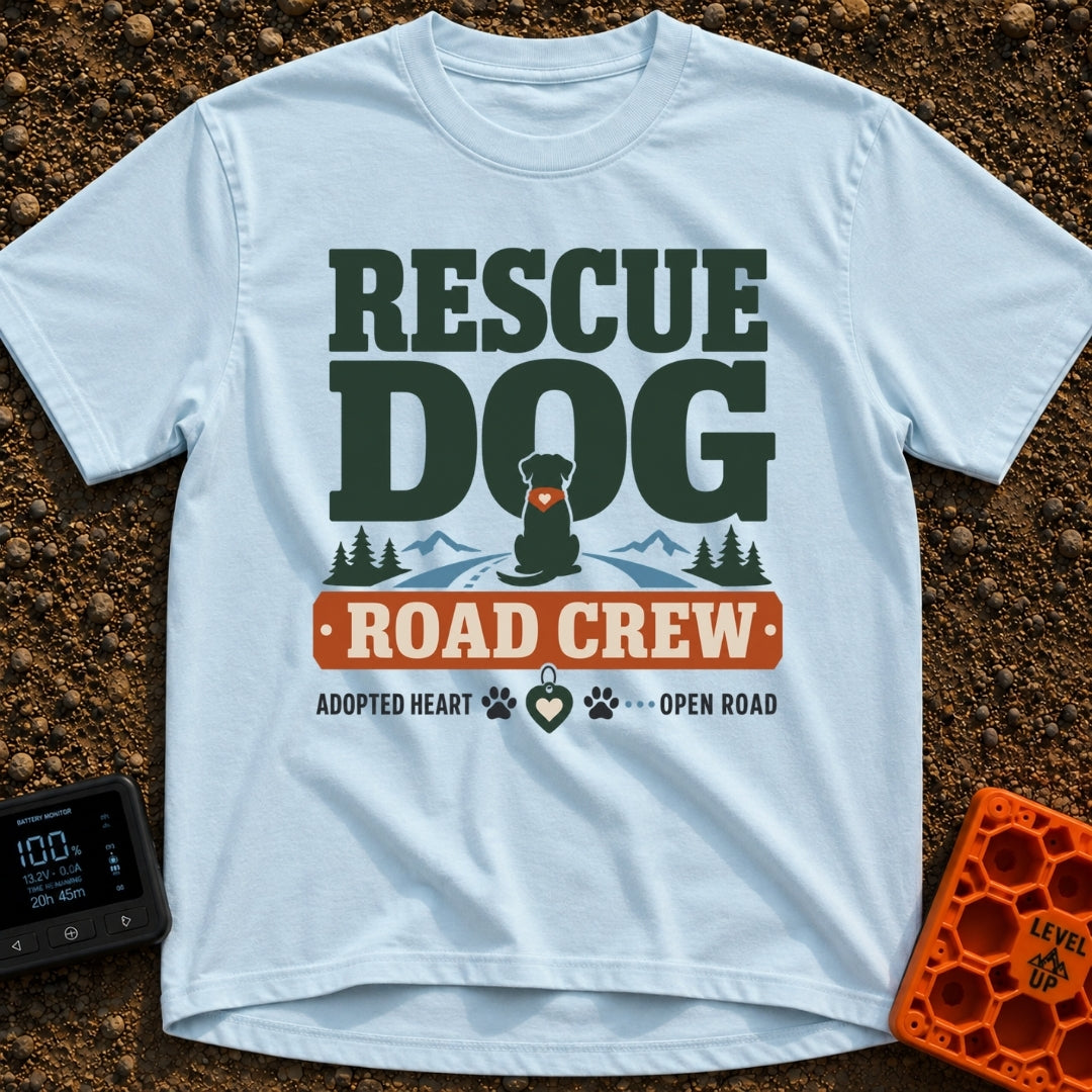 Rescue Road Crew - T-Shirt in Chambray - A graphic featuring the text 'RESCUE DOG' above a silhouette of a dog wearing a...