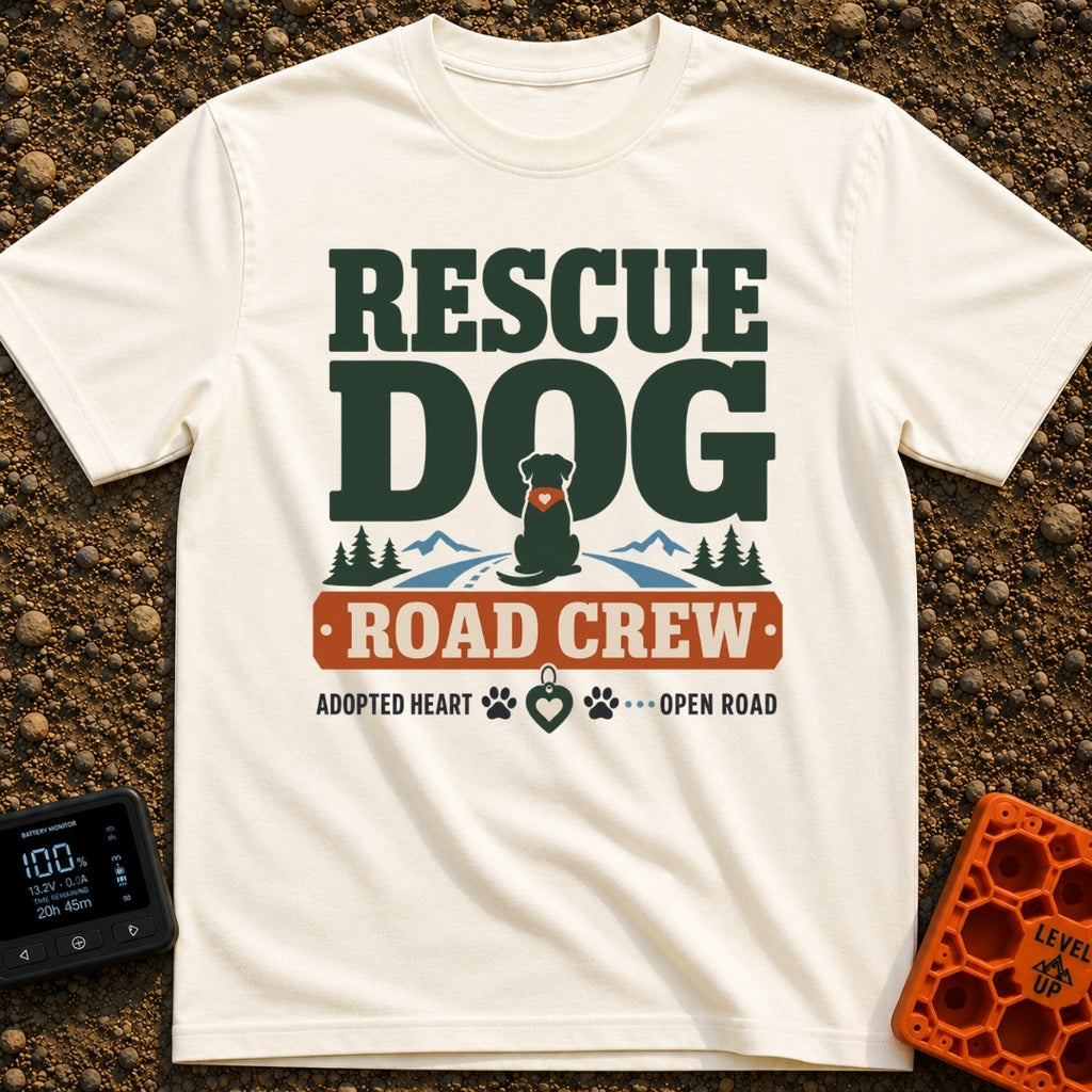 Rescue Road Crew - T-Shirt in Ivory - A graphic featuring the text 'RESCUE DOG' above a silhouette of a dog wearing a...