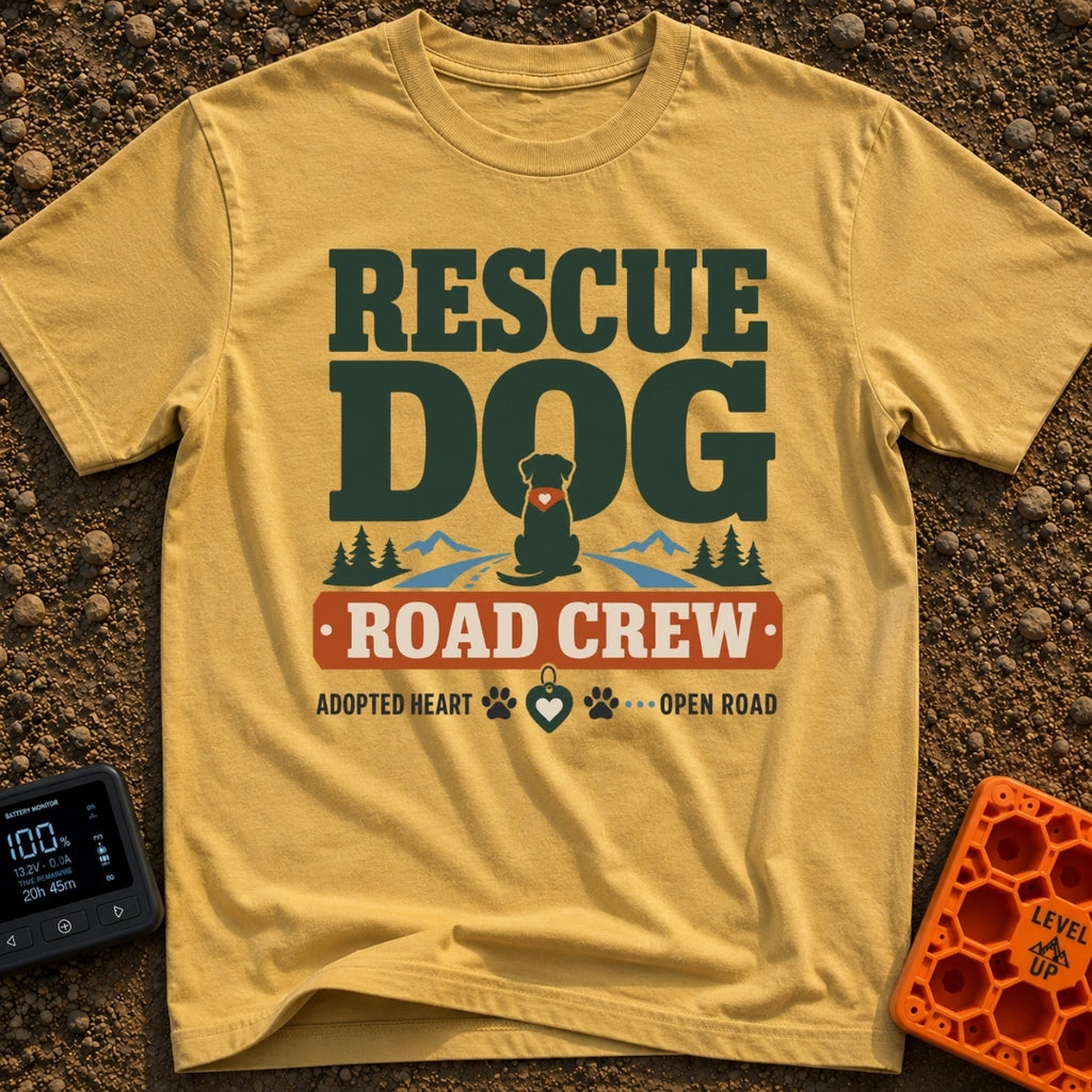 Rescue Road Crew - T-Shirt in Mustard - A graphic featuring the text 'RESCUE DOG' above a silhouette of a dog wearing a...
