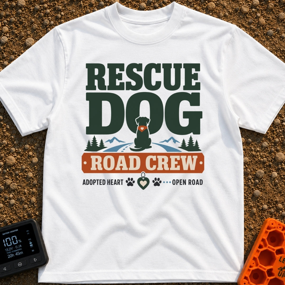 Rescue Road Crew - T-Shirt in White - A graphic featuring the text 'RESCUE DOG' above a silhouette of a dog wearing a...