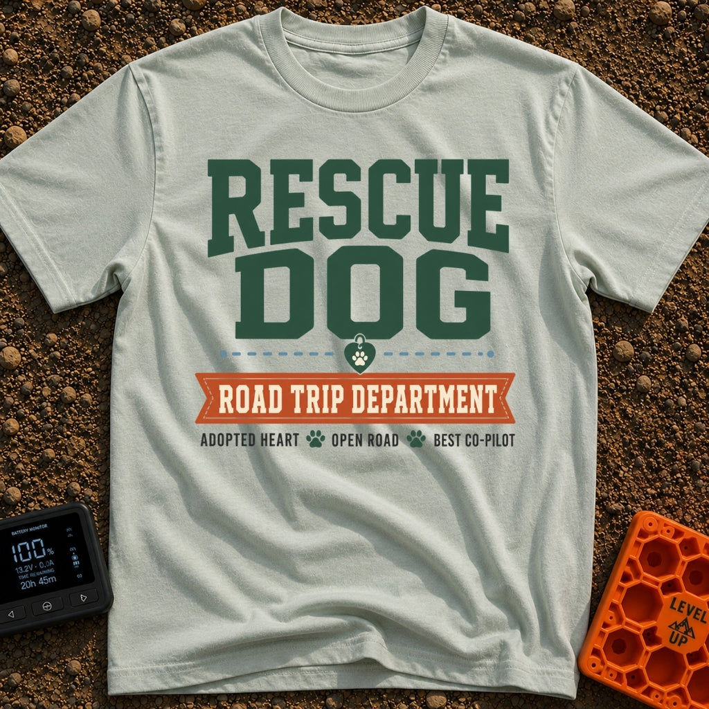 Doggo Road Crew - T-Shirt in Bay - A typographic design with large green text reading 'RESCUE DOG' above a heart-shaped...