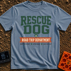 Doggo Road Crew - T-Shirt in Blue Jean - A typographic design with large green text reading 'RESCUE DOG' above a...