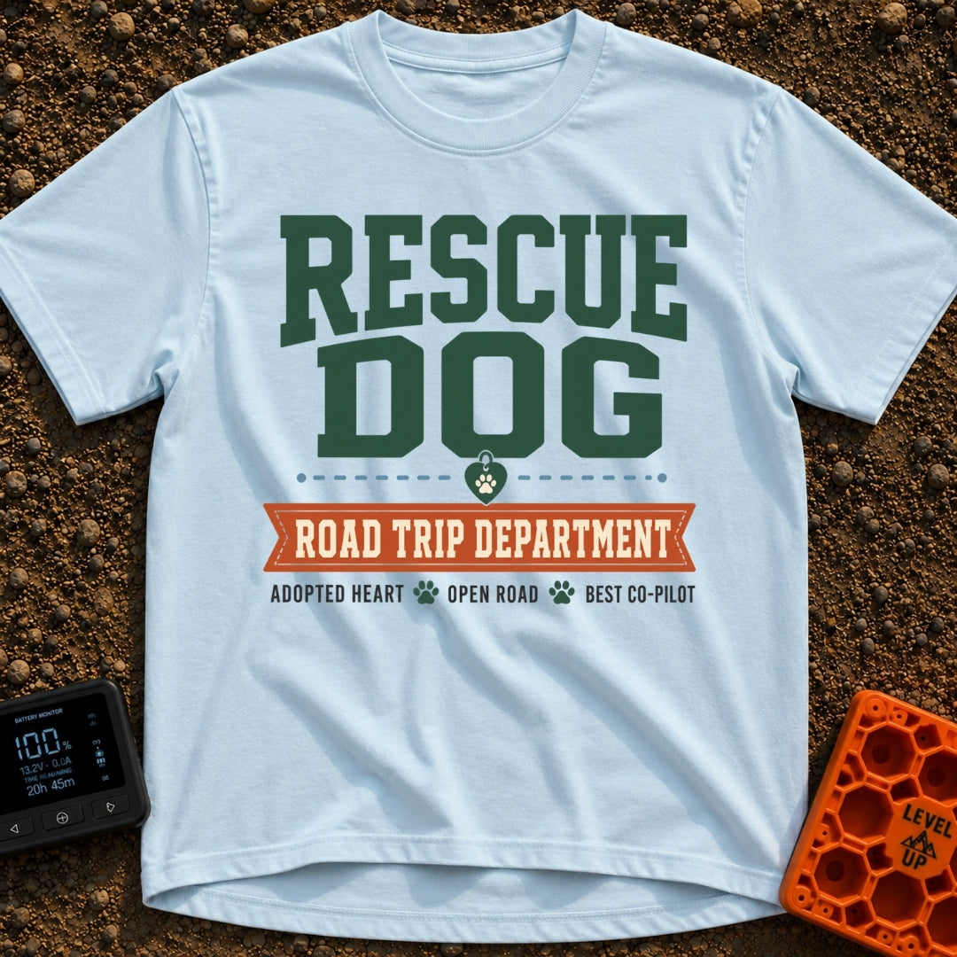 Doggo Road Crew - T-Shirt in Chambray - A typographic design with large green text reading 'RESCUE DOG' above a...