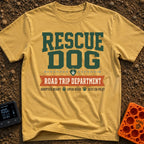 Doggo Road Crew - T-Shirt in Mustard - A typographic design with large green text reading 'RESCUE DOG' above a...