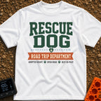 Doggo Road Crew - T-Shirt in White - A typographic design with large green text reading 'RESCUE DOG' above a heart-shaped...