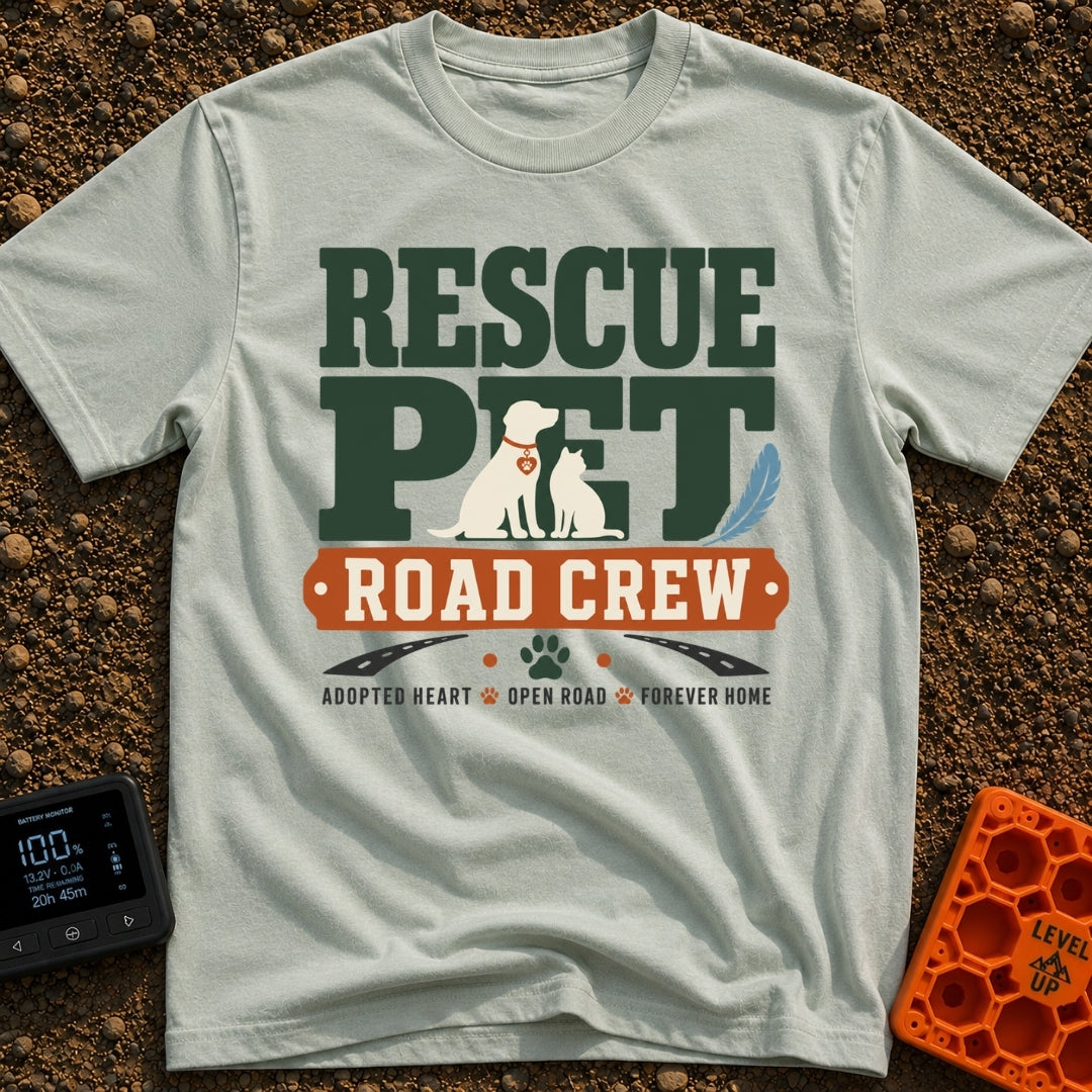 Rescue Road Crew - T-Shirt in Bay - The design features the text "RESCUE PET" in large green letters with silhouettes of...