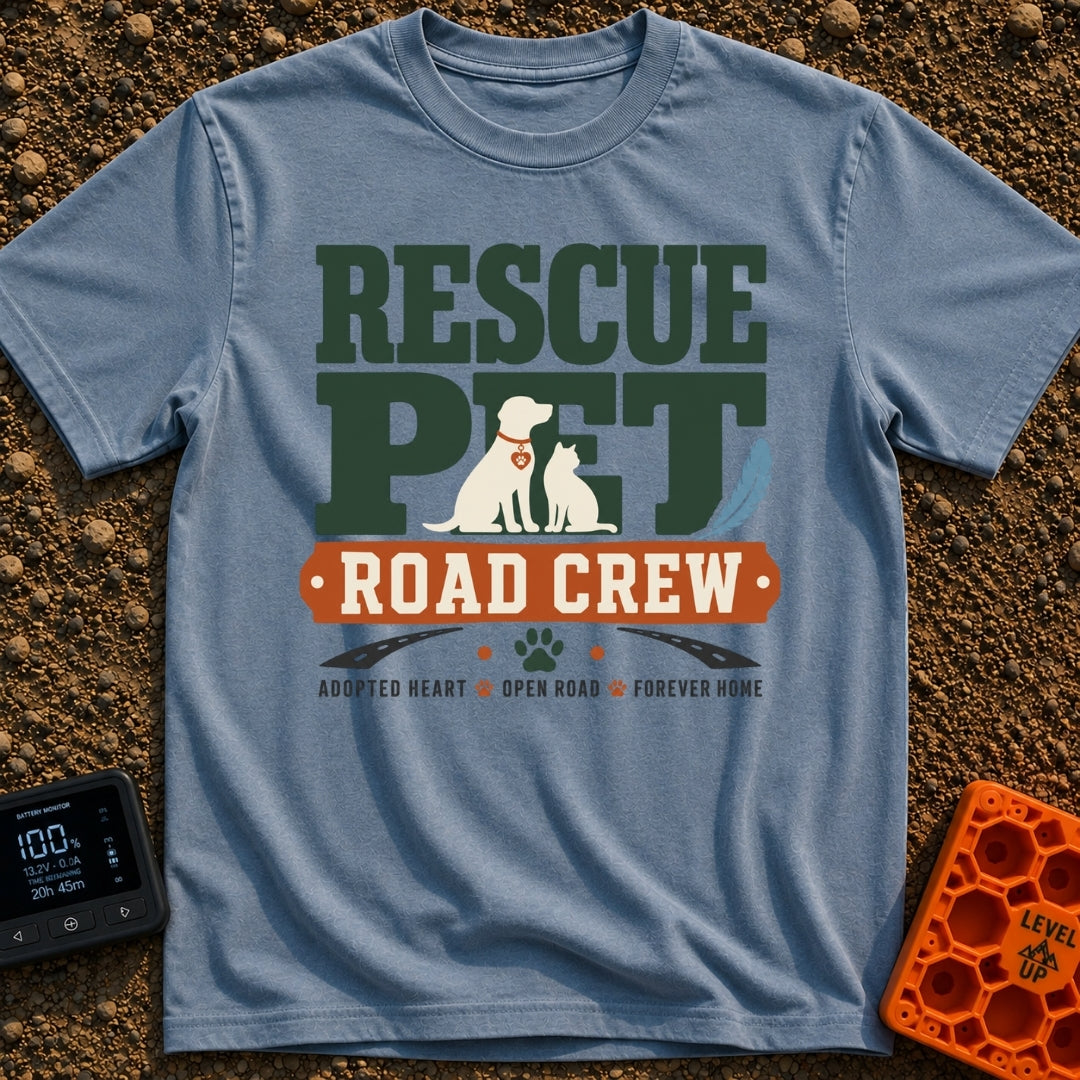 Rescue Road Crew - T-Shirt in Blue Jean - The design features the text "RESCUE PET" in large green letters with...
