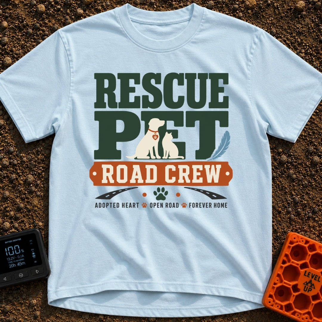 Rescue Road Crew - T-Shirt in Chambray - The design features the text "RESCUE PET" in large green letters with...