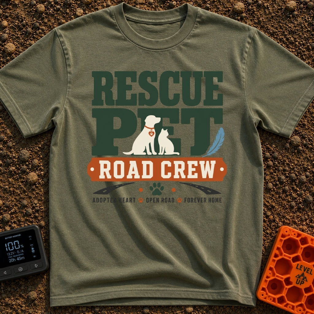 Rescue Road Crew - T-Shirt in Moss - The design features the text "RESCUE PET" in large green letters with silhouettes of...