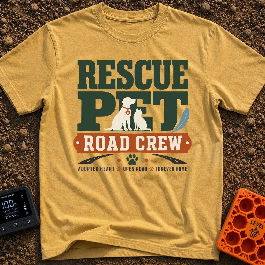 Rescue Road Crew - T-Shirt in Mustard - The design features the text "RESCUE PET" in large green letters with silhouettes...