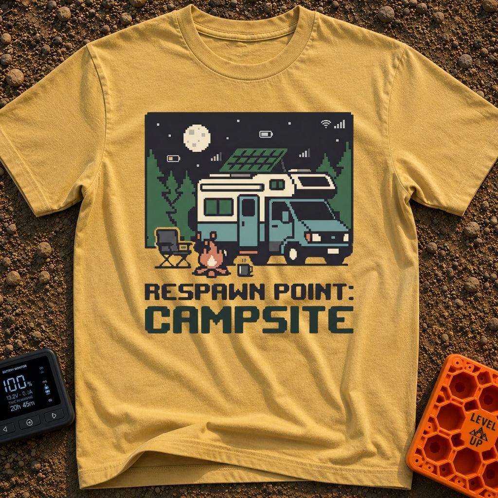 Respawn HQ Outdoors - T-Shirt in Mustard - A pixel art illustration of a Class C RV parked in a forest at night with a...