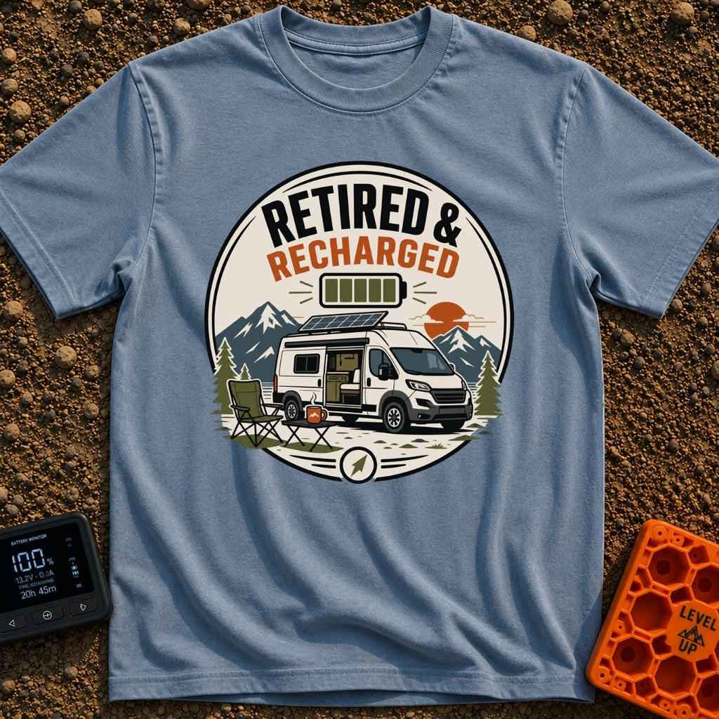 Recharged on Wheels - T-Shirt in Blue Jean - A circular badge illustration of a white camper van with a roof solar panel...