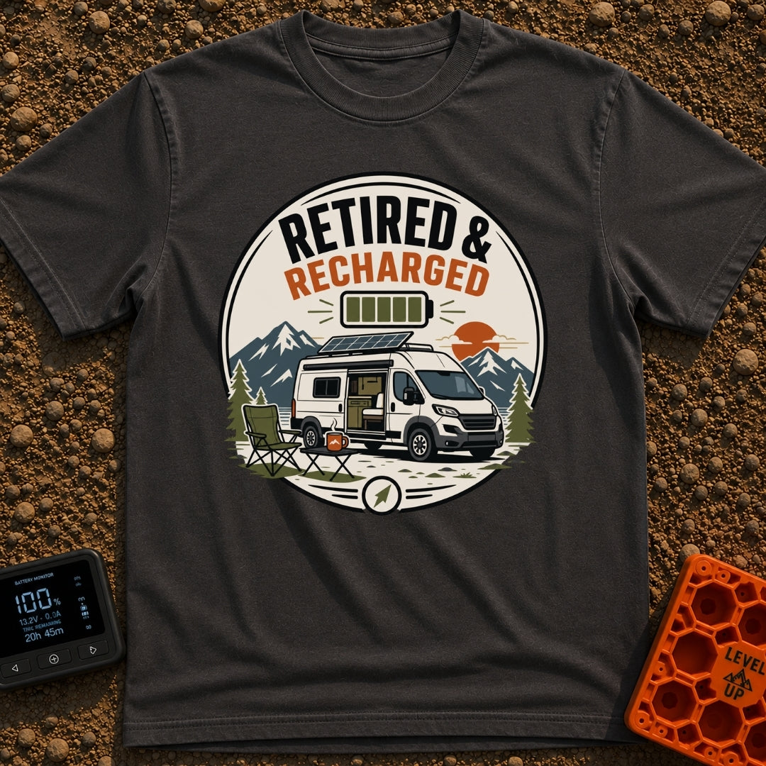 Recharged on Wheels - T-Shirt in Graphite - A circular badge illustration of a white camper van with a roof solar panel...