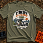 Recharged on Wheels - T-Shirt in Moss - A circular badge illustration of a white camper van with a roof solar panel and...