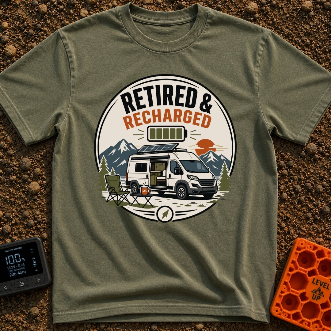 Recharged on Wheels - T-Shirt in Moss - A circular badge illustration of a white camper van with a roof solar panel and...