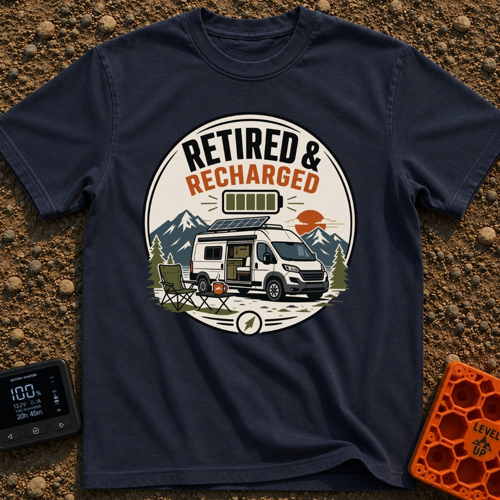 Recharged on Wheels - T-Shirt in Navy - A circular badge illustration of a white camper van with a roof solar panel and...