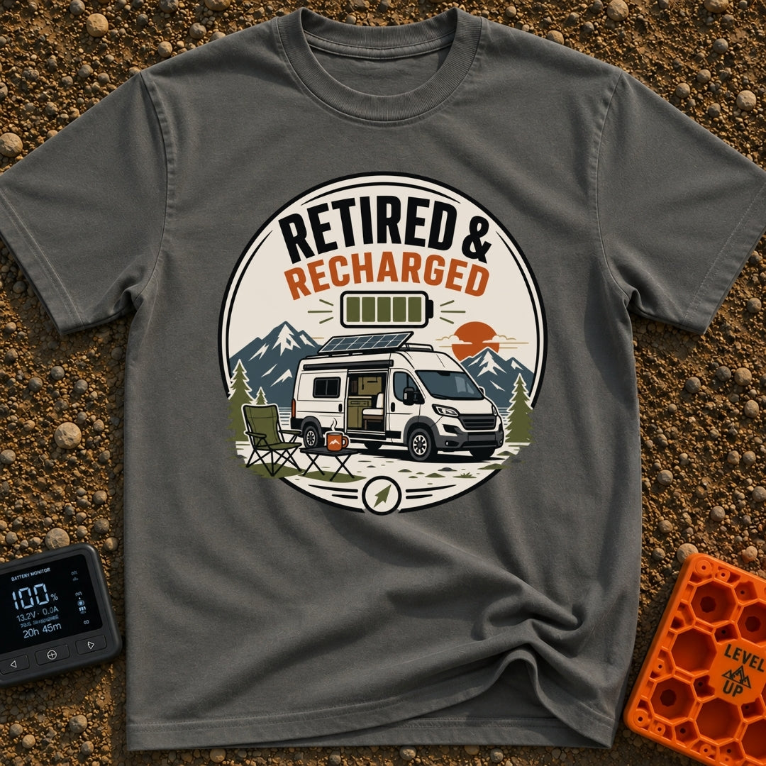 Recharged on Wheels - T-Shirt in Pepper - A circular badge illustration of a white camper van with a roof solar panel and...