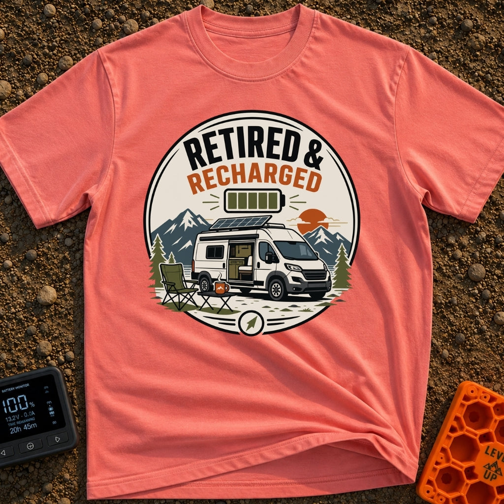 Recharged on Wheels - T-Shirt in Watermelon - A circular badge illustration of a white camper van with a roof solar panel...
