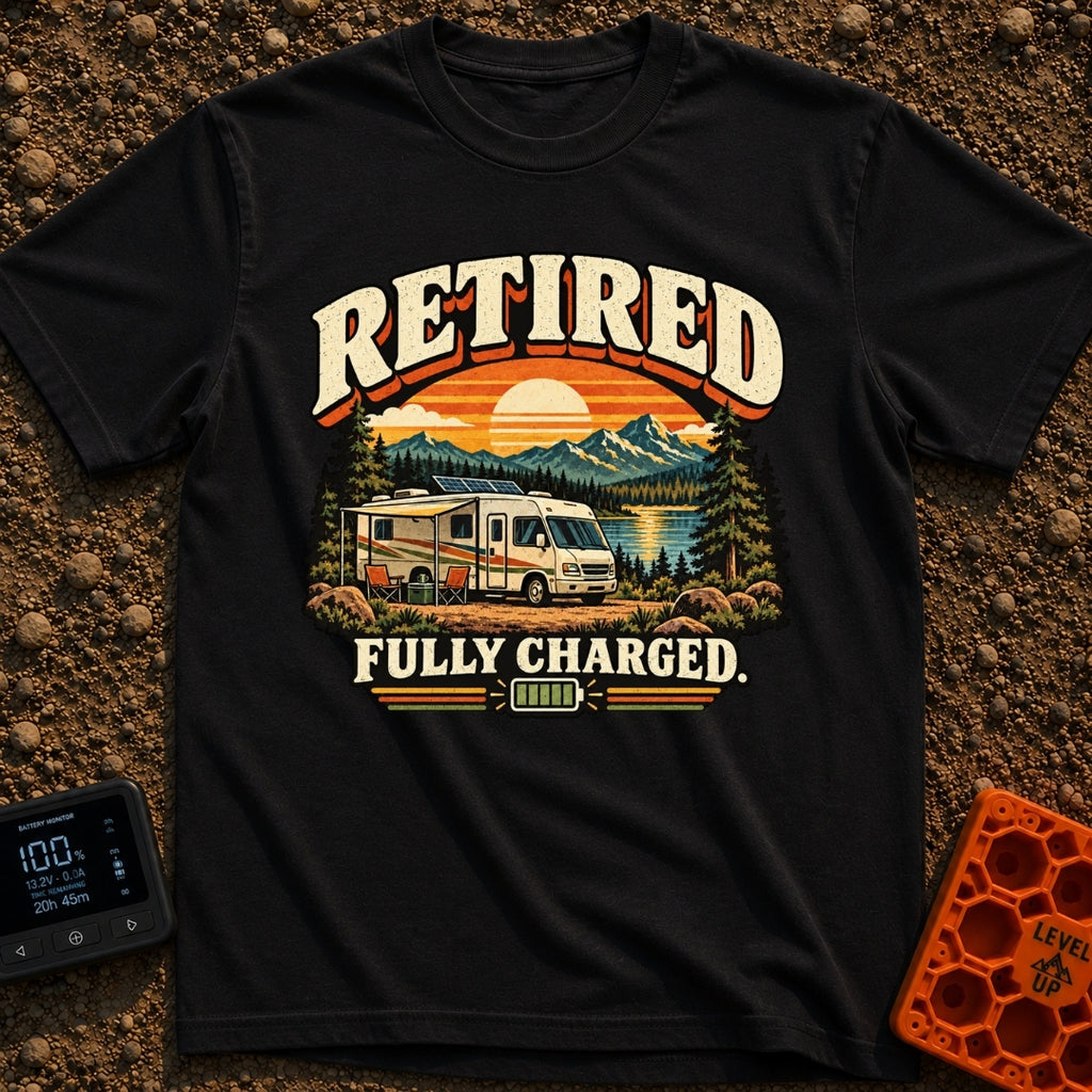 Retired And Recharged - T-Shirt in Black - A retro-style illustration of a motorhome with a roof-mounted solar panel...