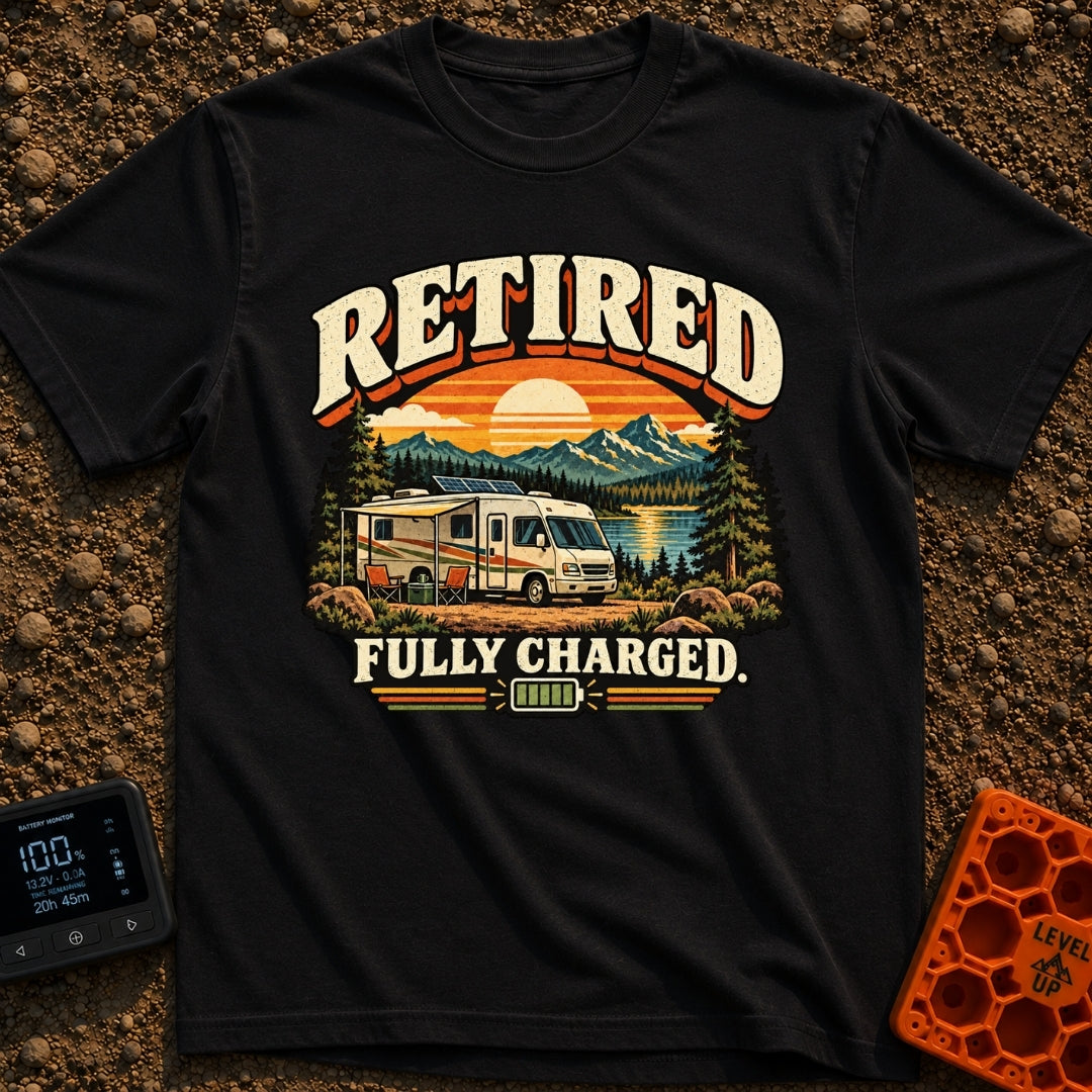 Retired And Recharged - T-Shirt in Black - A retro-style illustration of a motorhome with a roof-mounted solar panel...