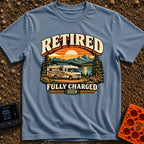 Retired And Recharged - T-Shirt in Blue Jean - A retro-style illustration of a motorhome with a roof-mounted solar panel...