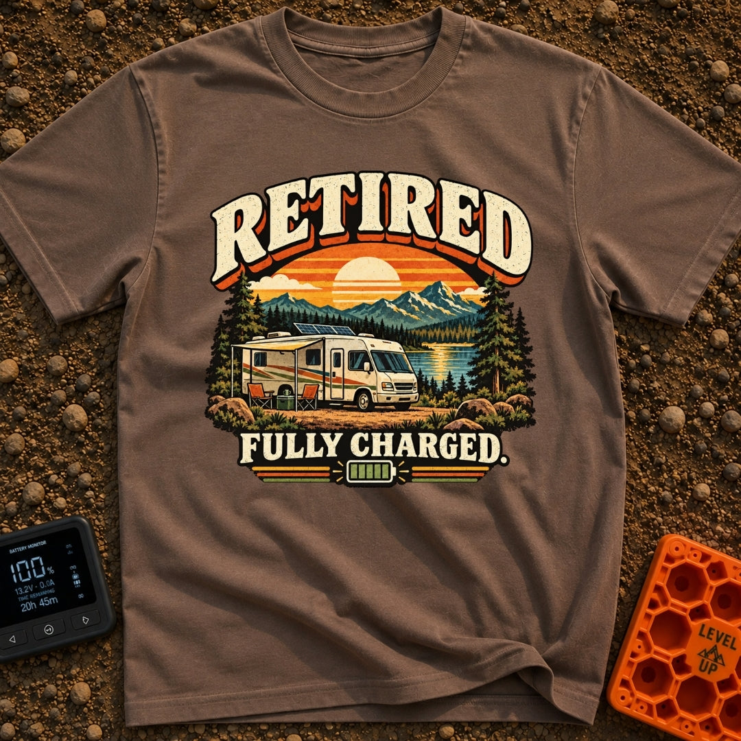 Retired And Recharged - T-Shirt in Espresso - A retro-style illustration of a motorhome with a roof-mounted solar panel...